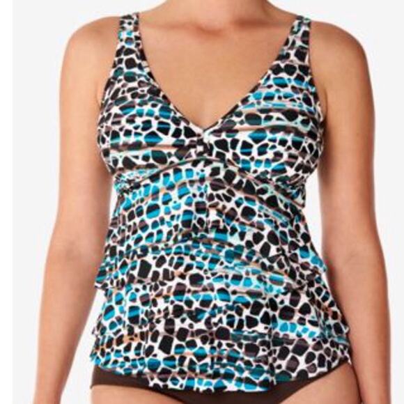 Swim Solutions Women's Blue/Black Floating Island Ruffled Tankini Swim Top sz 8 - Picture 1 of 5